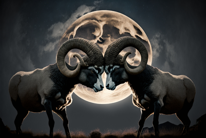 A pair of Rams touching heads in front of the moon